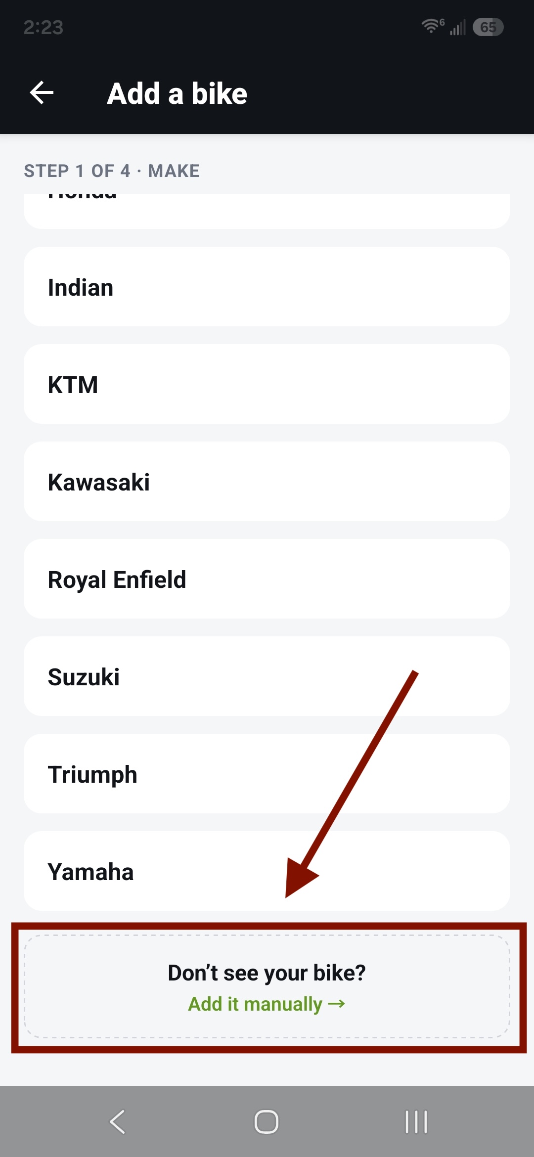 Add-a-bike screen with the manual footer