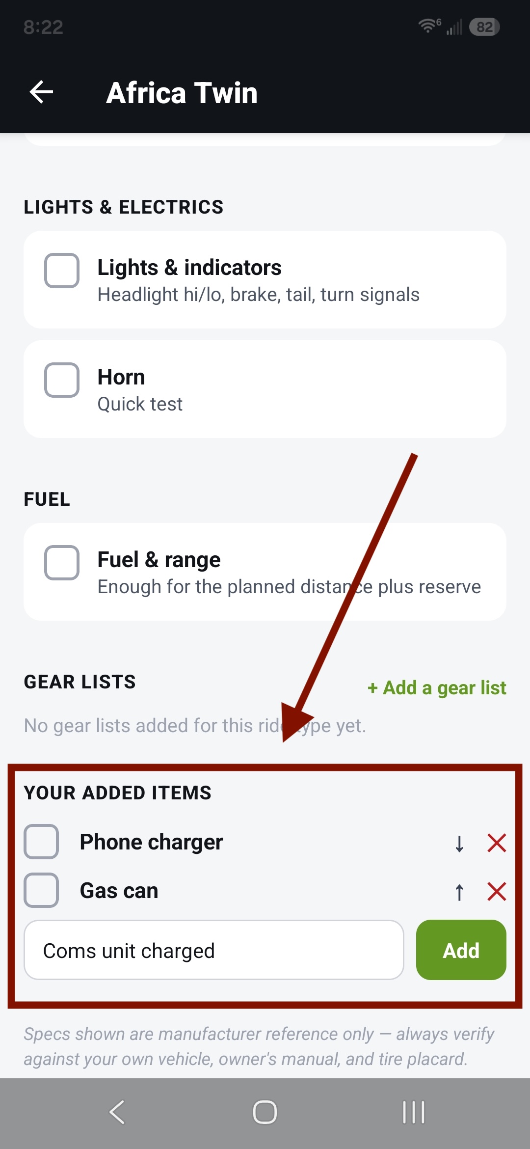 "Your added items" with an item being added