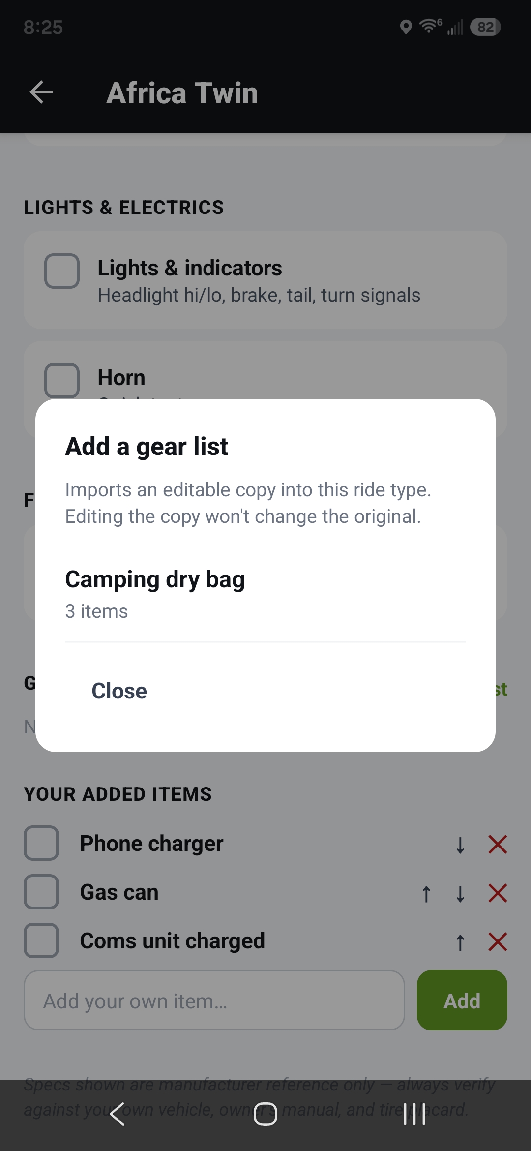 The gear list under "Gear lists," ready to check off