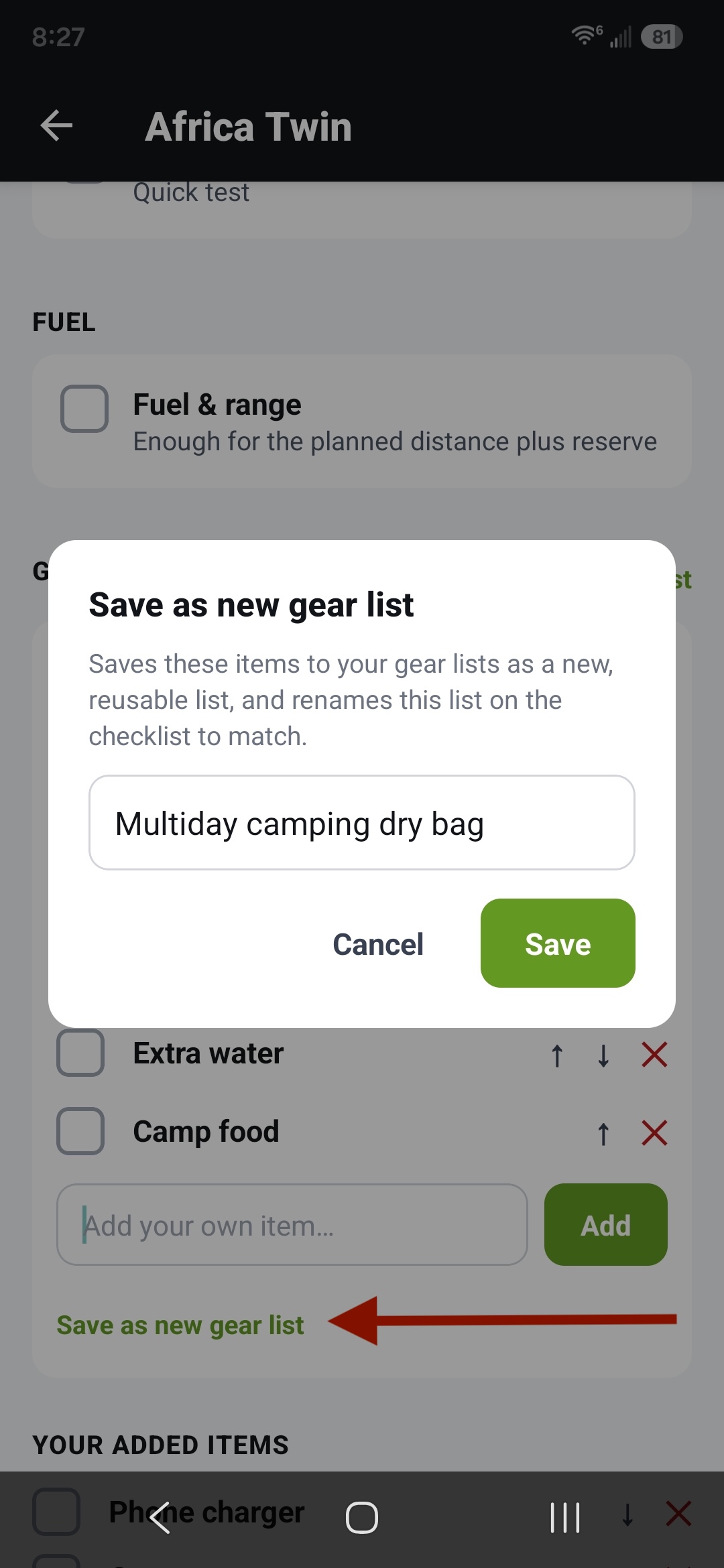 "Save as new gear list"