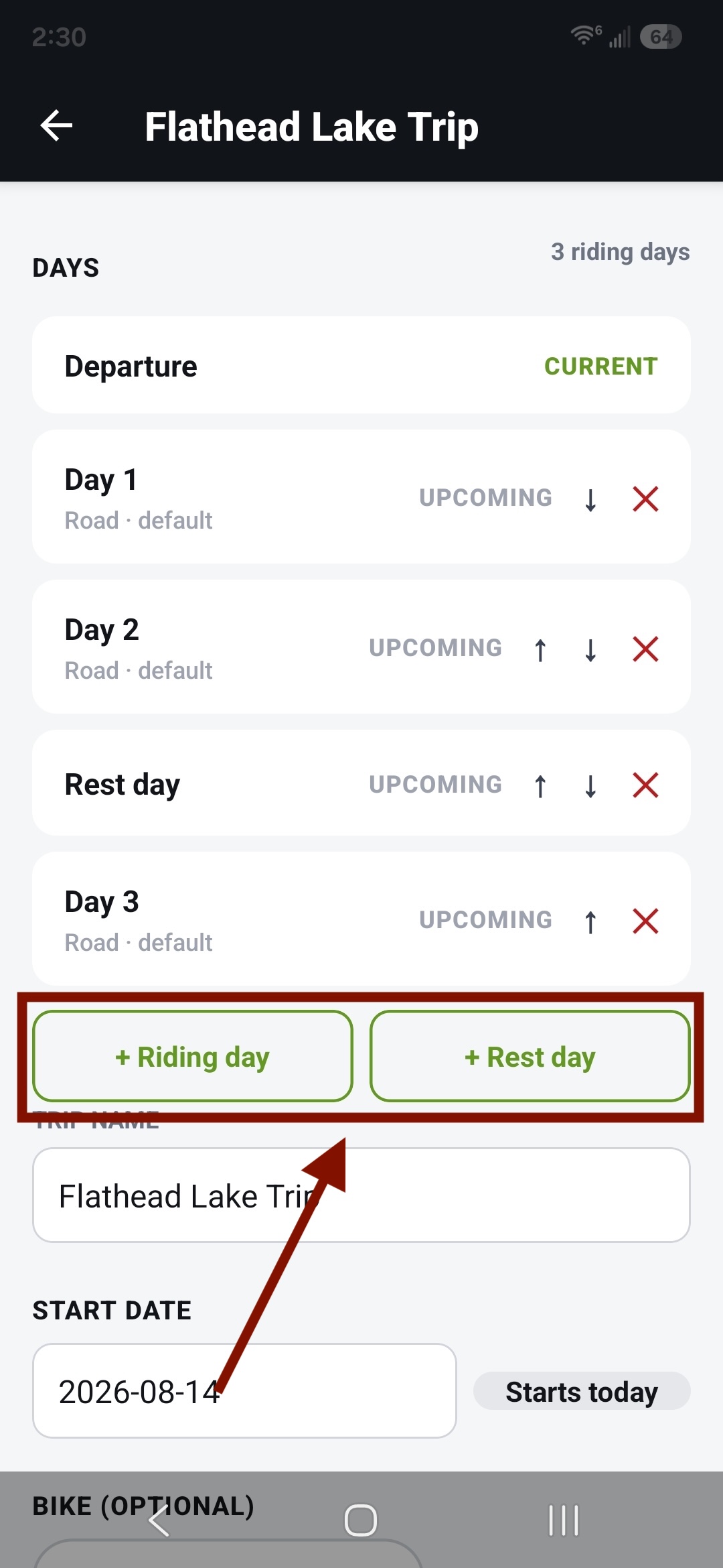 Days list with add-day options