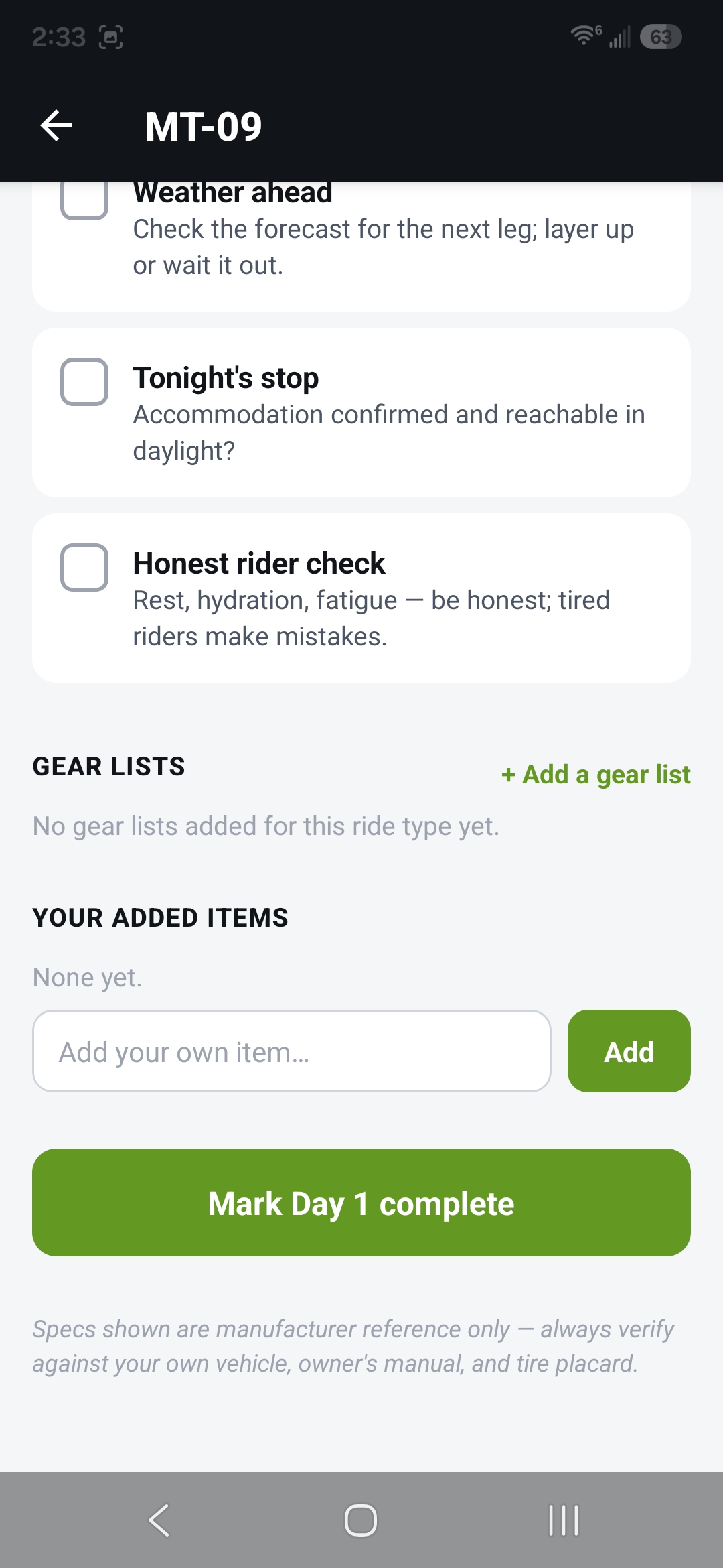 In-trip checklist with "mark day complete"