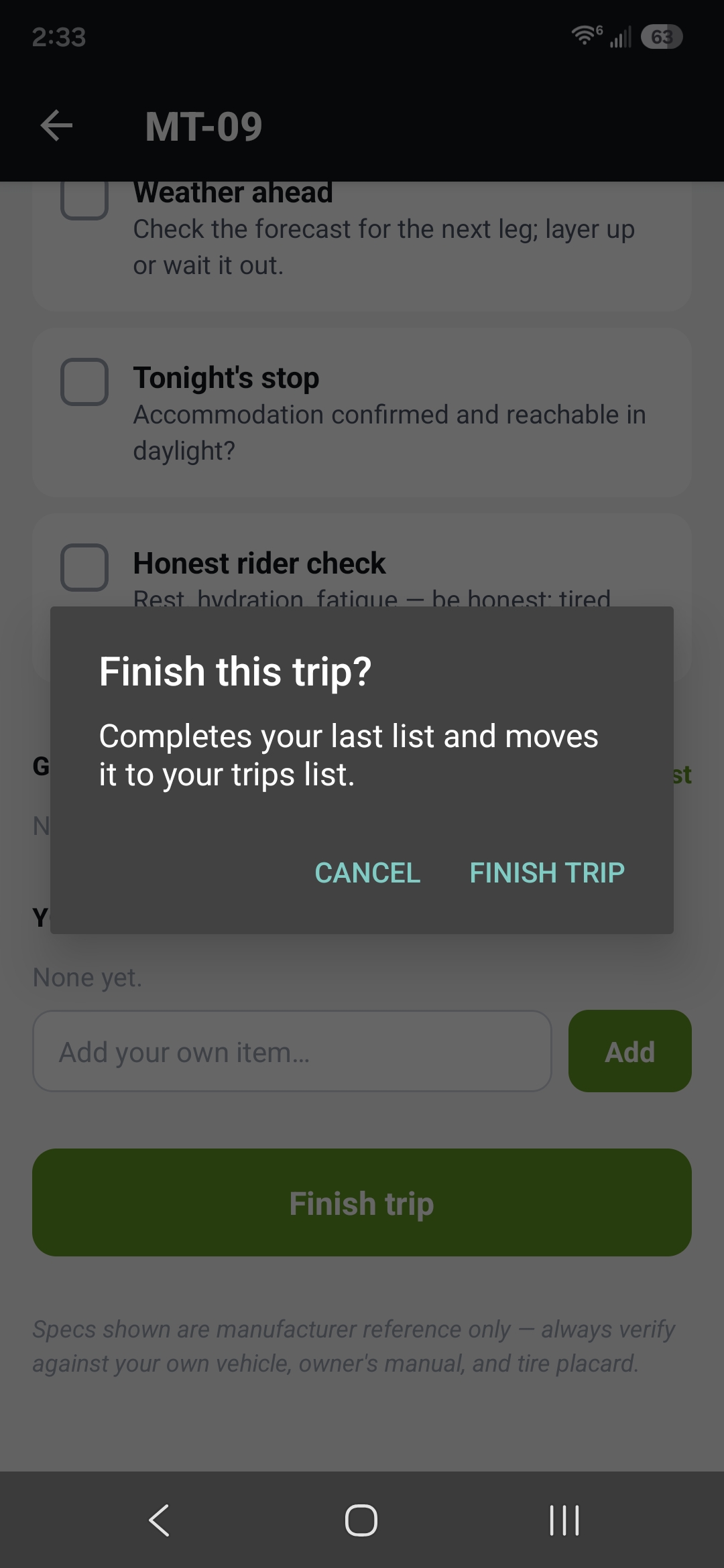 Finish trip / trip complete